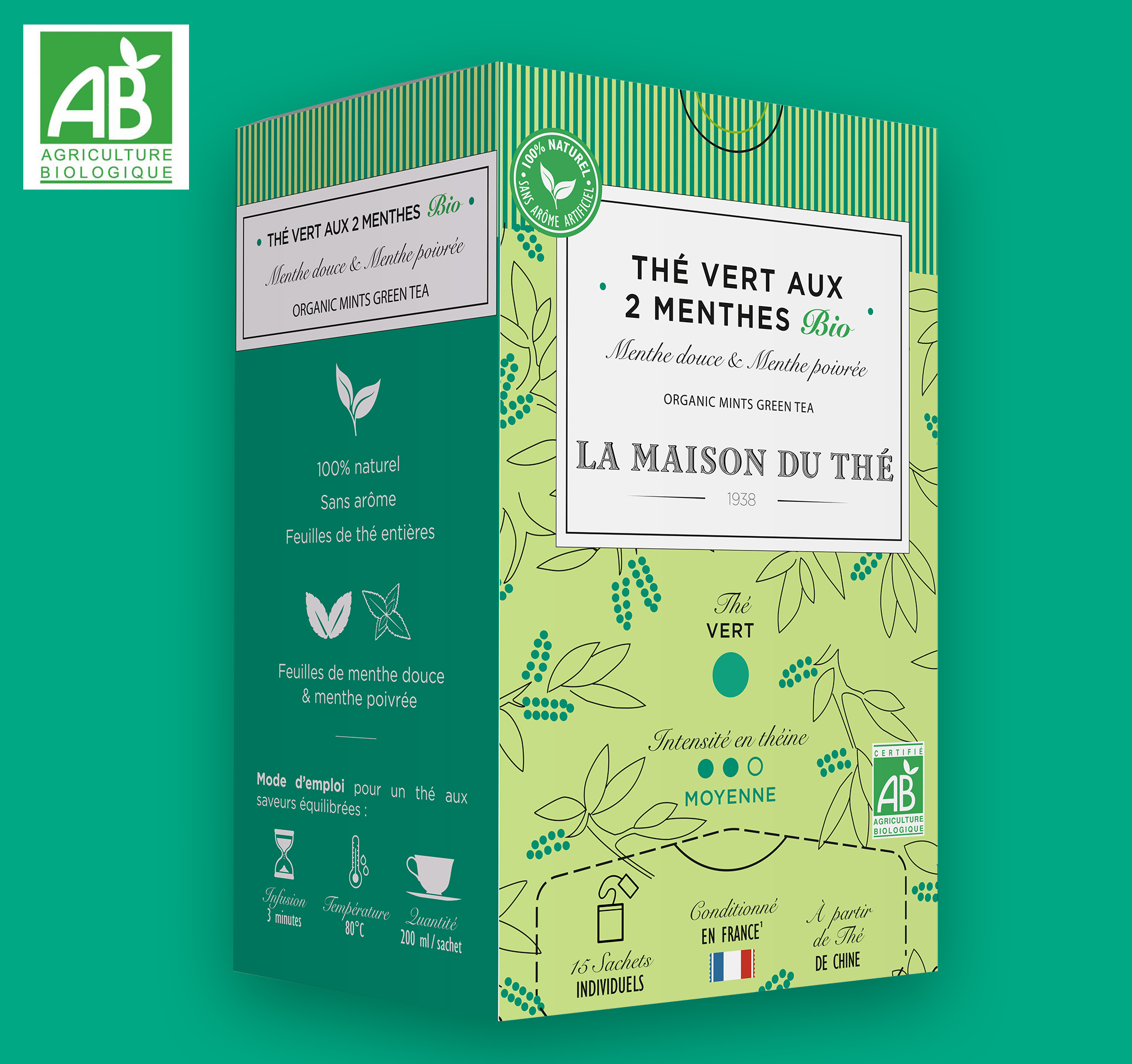 Thé vert aux 2 menthes Bio Menthe douce et Menthe poivrée
